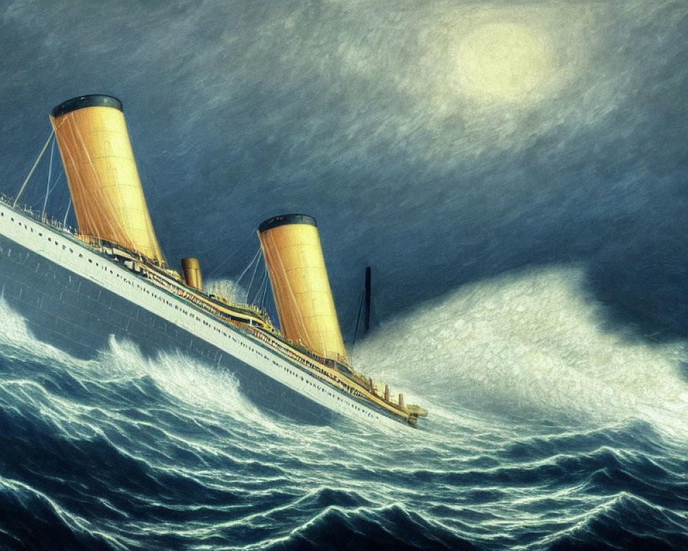 Vintage ocean liner sailing through rough sea waves at night