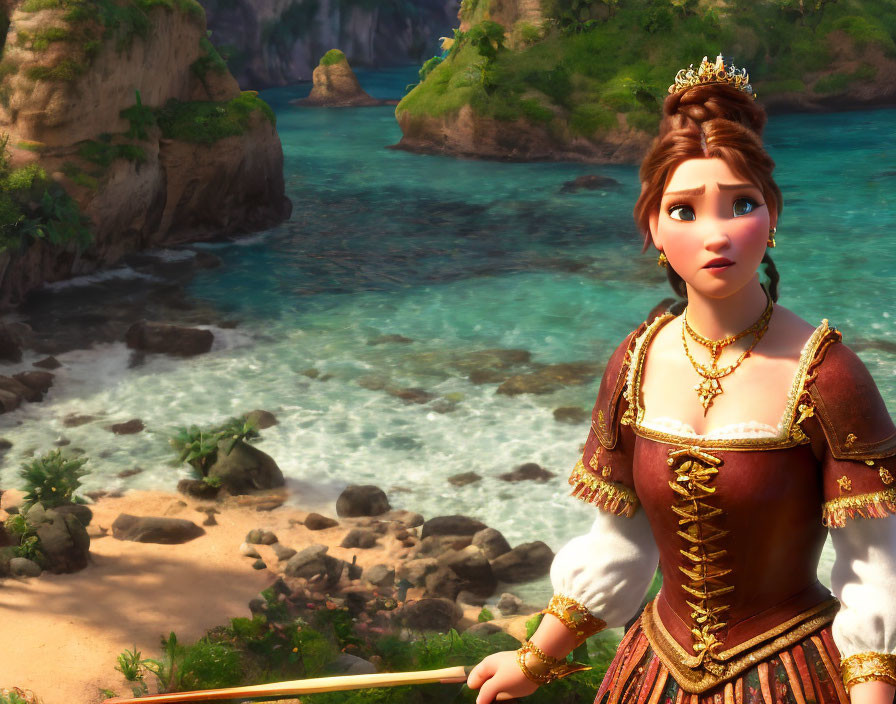 Animated princess with auburn hair holding a bow by the sea