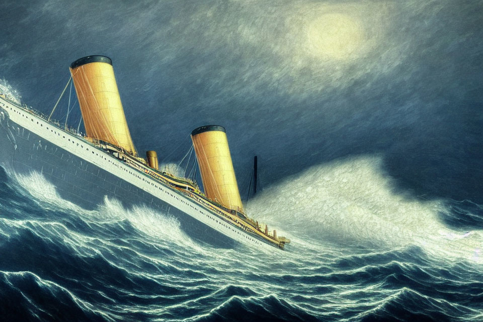 Vintage ocean liner sailing through rough sea waves at night