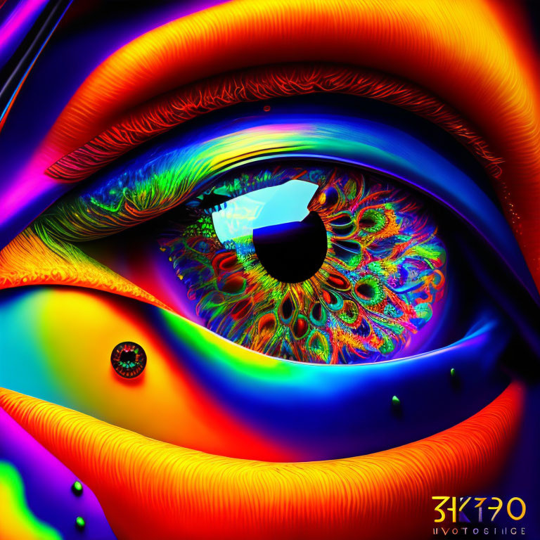 Colorful surreal eye art with neon hues and intricate patterns