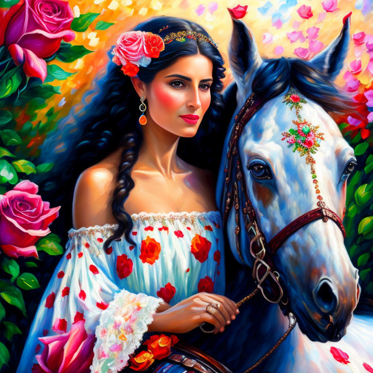 Woman in Floral Headpiece with Horse on Rose Background