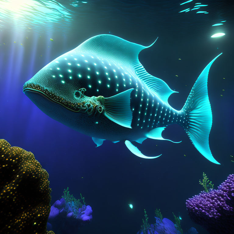 Bioluminescent whale shark in vibrant coral reef