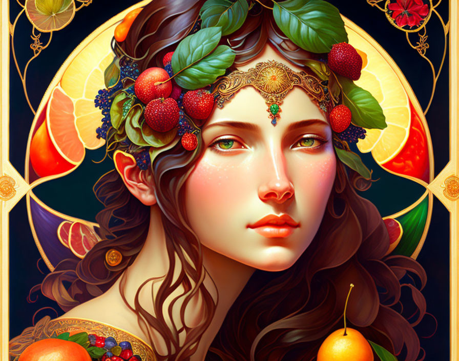 Detailed Woman Illustration: Fruit and Leaf Crown, Ornate Jewelry, Vibrant Colors, Dark Background