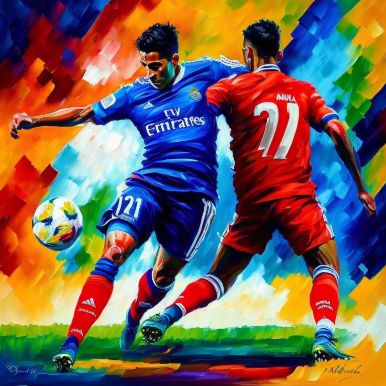 Colorful soccer players in dynamic duel with vibrant brushstrokes