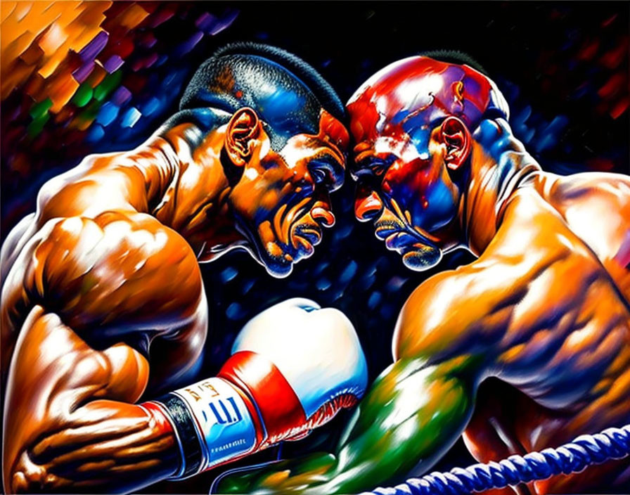 Intense boxing match in a ring with vivid colors