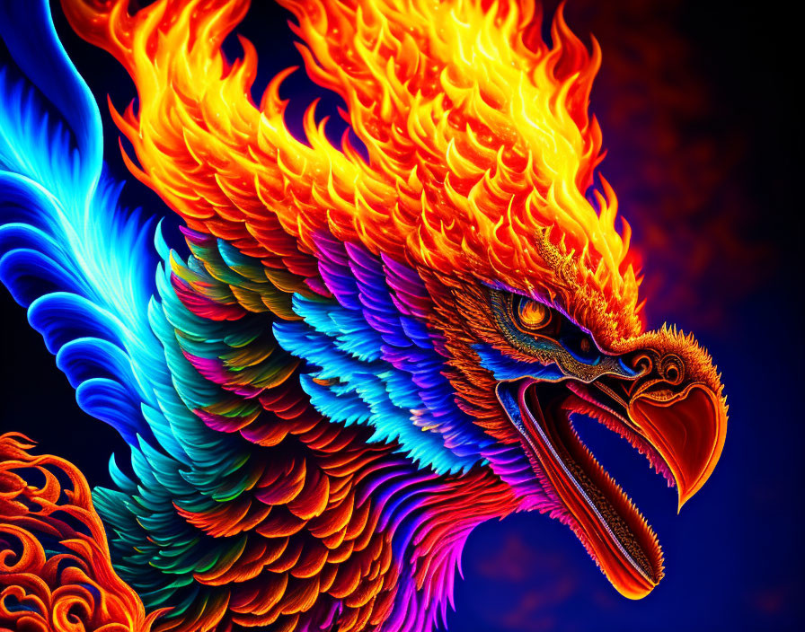 Colorful Phoenix with Blue and Orange Plumage on Dark Background