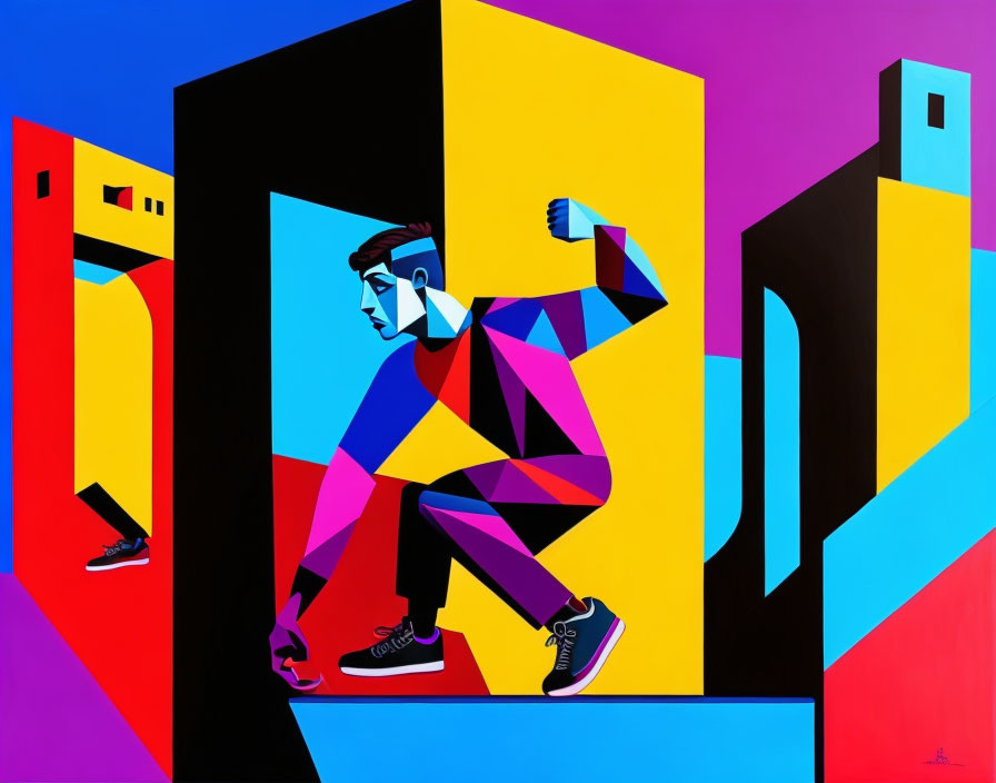 Vibrant Cubist-style Painting with Figure and Geometric Shapes