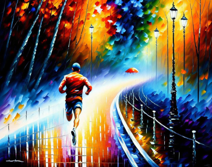 Colorful painting of person jogging on wet path with vibrant trees and street lamps.