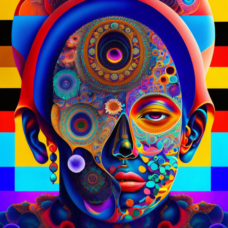 Colorful digital artwork of human head with third eye in vibrant patterns.