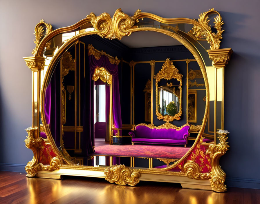 Opulent room with golden mirror and purple velvet seating