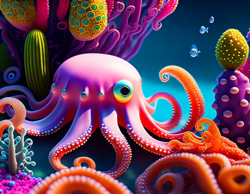 Vibrant digital art: stylized octopus in underwater scene