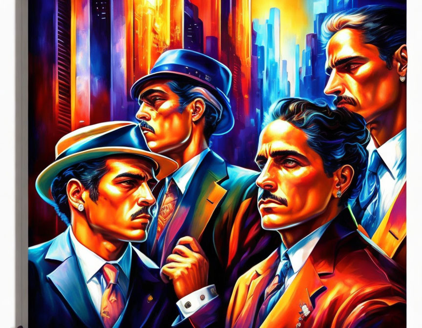 Stylized men in suits and fedoras against colorful city backdrop