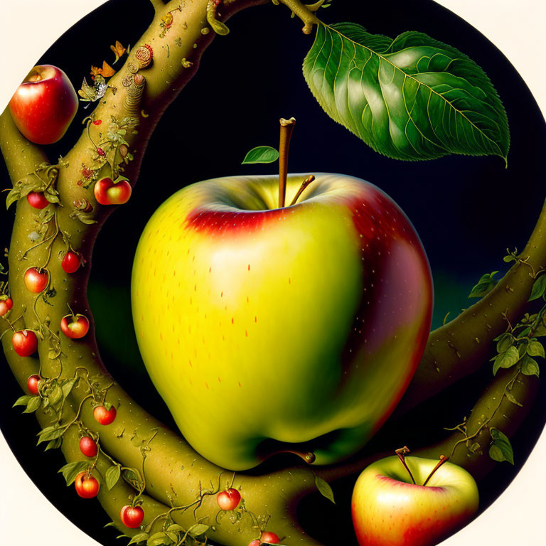 Surreal illustration: Large & small apples on entwined branches