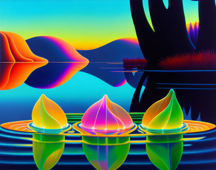 Vibrant surreal landscape with neon-lit flora & reflective surfaces