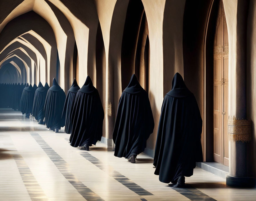 Dark Cloaked Figures Walking Through Arched Arcade with Long Shadows