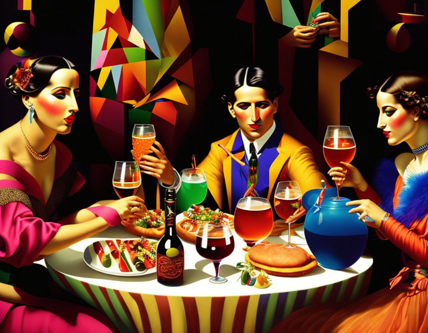 Vibrant image of three figures toasting with wine glasses