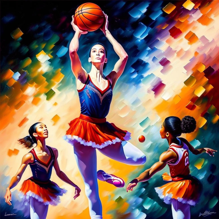 Abstract painting: Three ballet dancers with basketball in sports attire