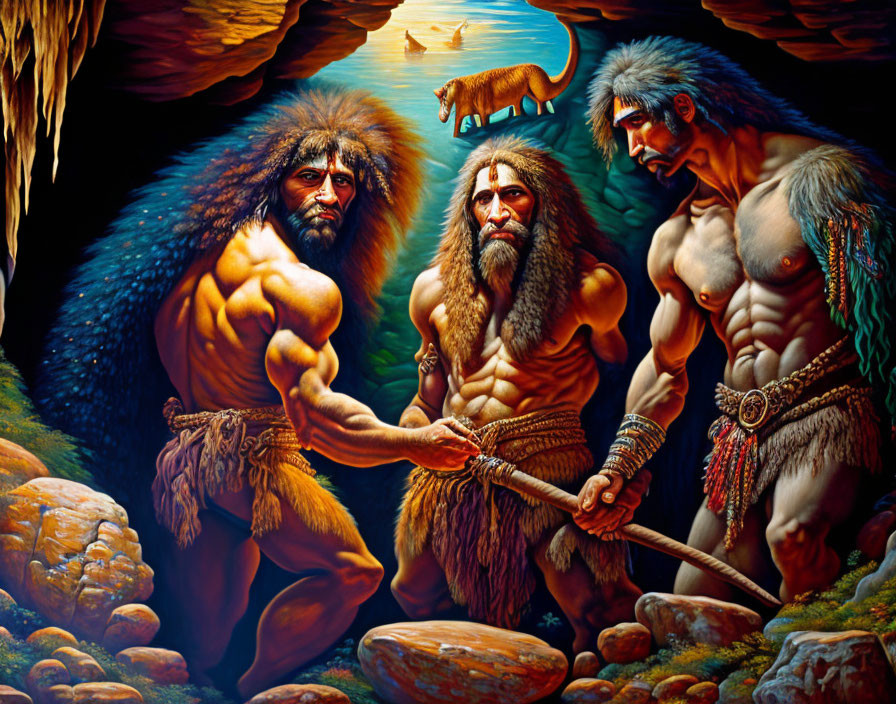 Three cavemen in animal-skin clothing at cave entrance with prehistoric animals and boat.