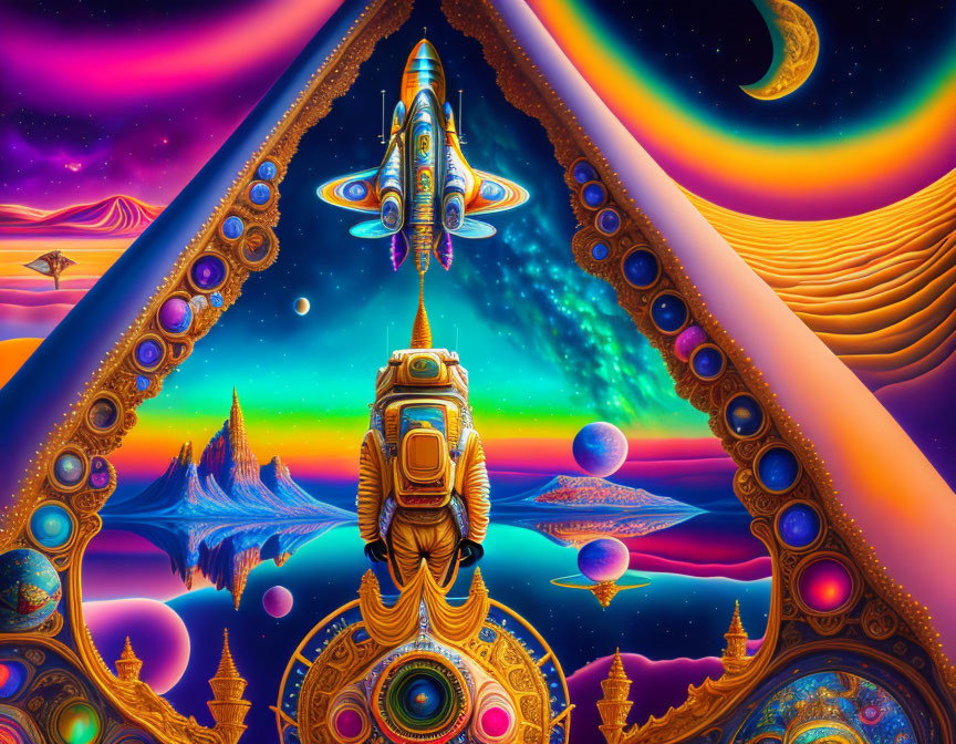 Colorful Psychedelic Space Scene with Rocket Ship and Alien Landscapes