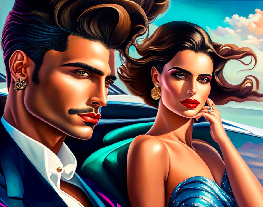 Stylized illustration of glamorous couple in evening attire