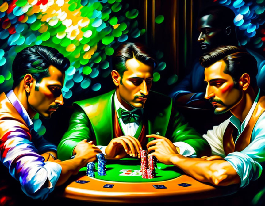 Men playing intense poker under colorful lights with observer.