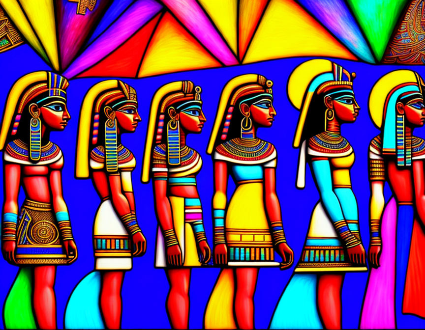 Colorful digital artwork: Five Egyptian figures in traditional attire on geometric backdrop