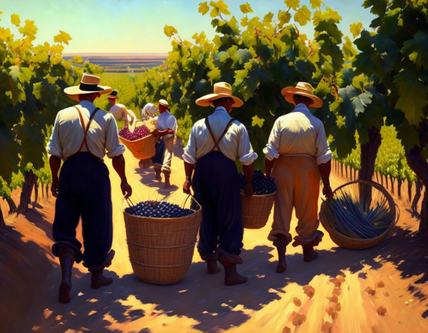 Farm workers in straw hats harvesting grapes in sunlit vineyard