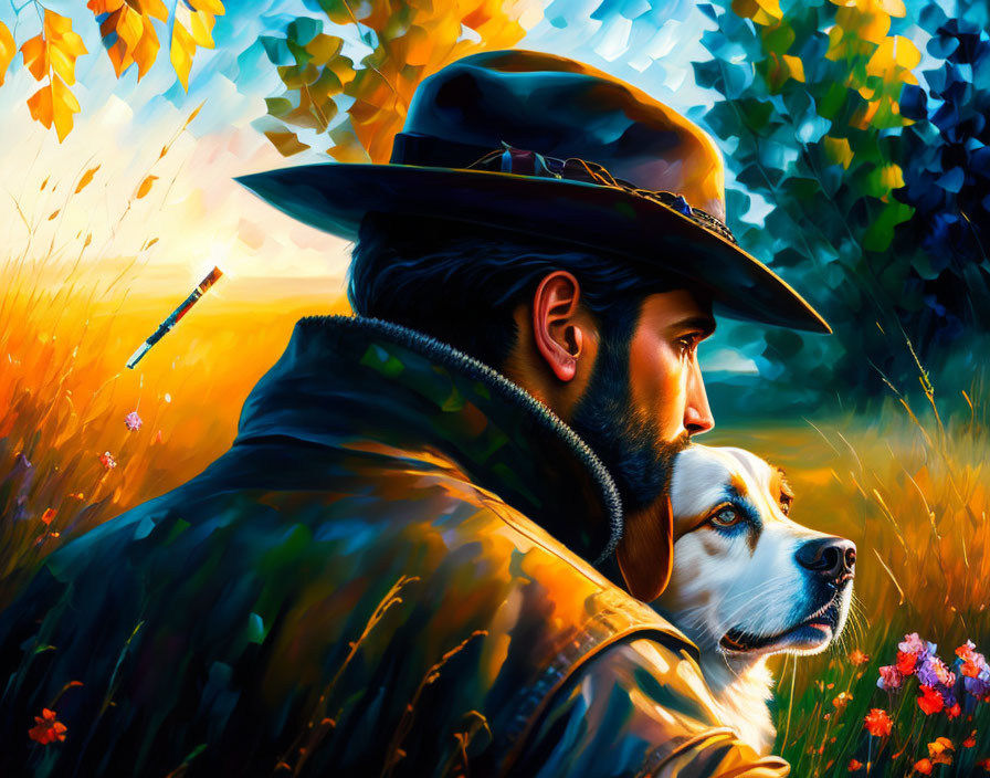 Bearded man in hat with dog against autumn backdrop