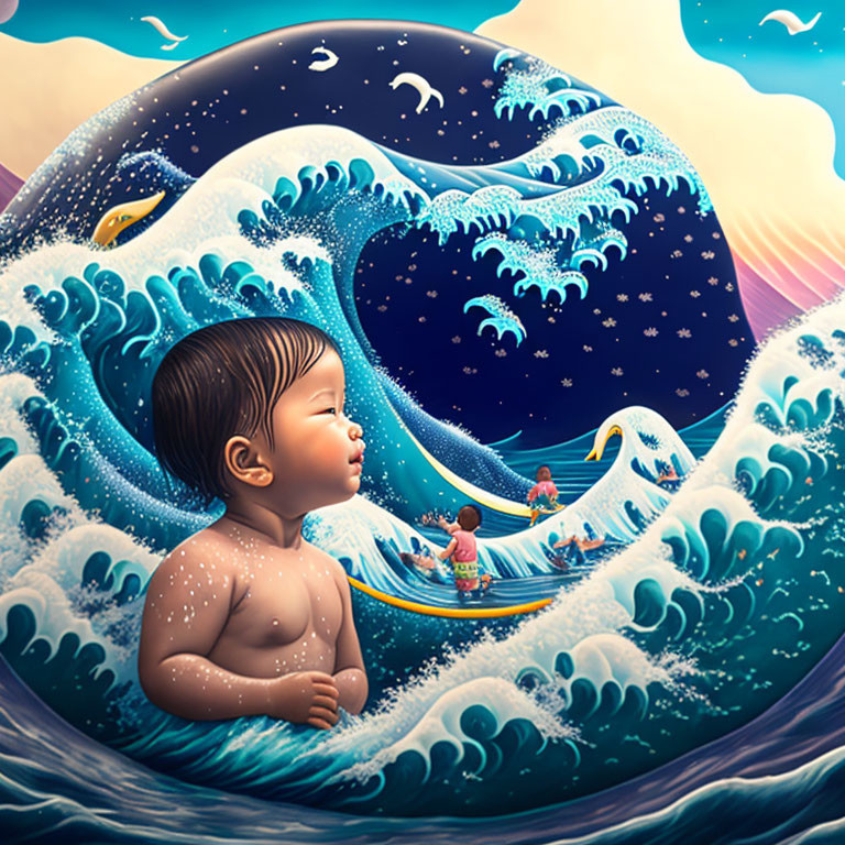 Child observing surreal ocean wave with vibrant sky and boat figures