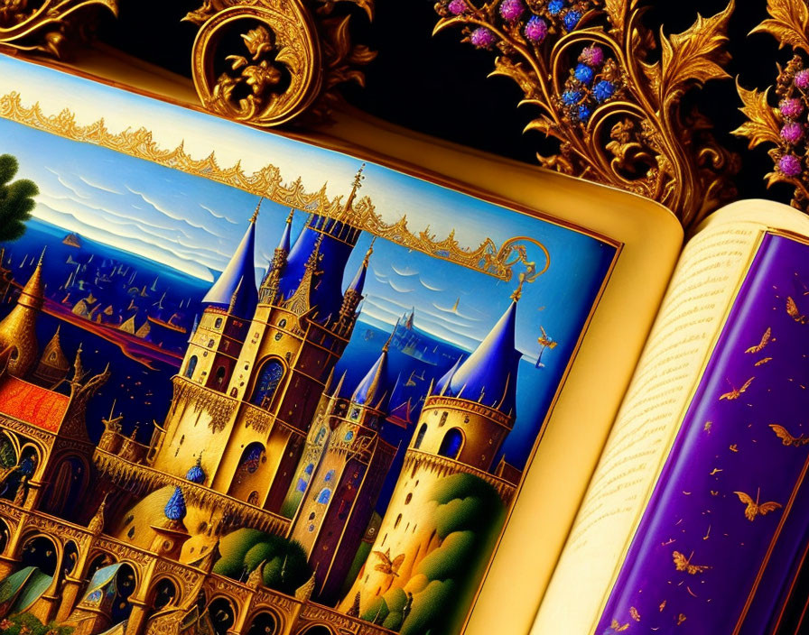 Vibrant fantasy castle illustration in open book display