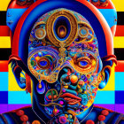 Colorful digital artwork of human head with third eye in vibrant patterns.