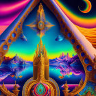 Colorful Psychedelic Space Scene with Rocket Ship and Alien Landscapes