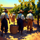 Farm workers in straw hats harvesting grapes in sunlit vineyard