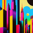 Abstract cityscape painting with bold colors and stylized skyscrapers against contrasting backdrop