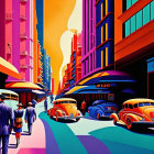 Colorful illustration of stylized city street with retro cars, pedestrians under umbrellas, and multicol