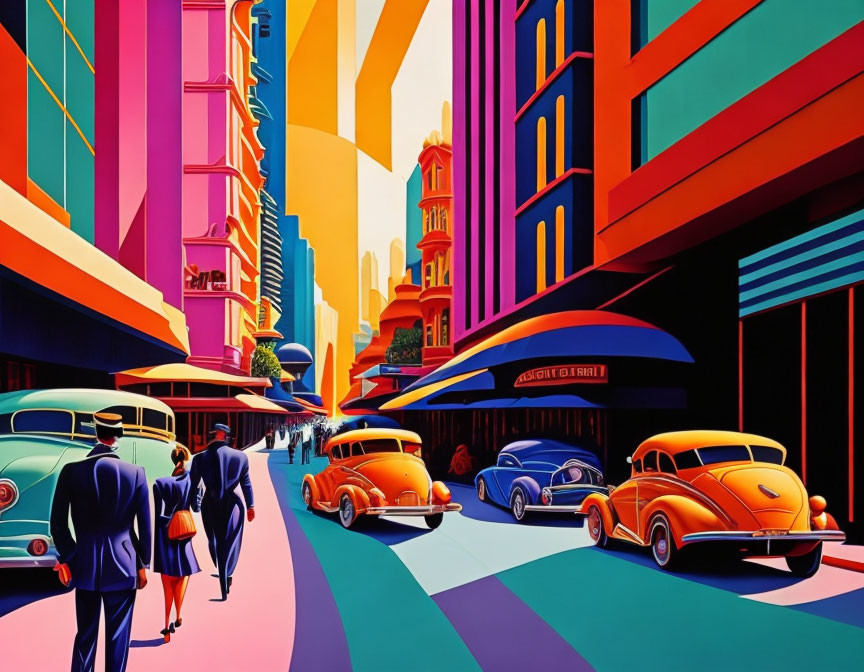 Colorful illustration of stylized city street with retro cars, pedestrians under umbrellas, and multicol