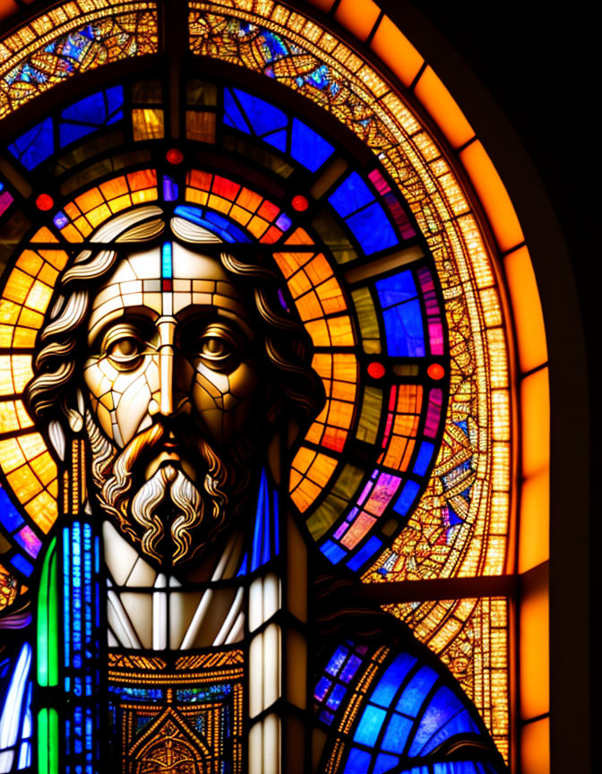 Colorful Stained Glass Window of Bearded Figure with Halo