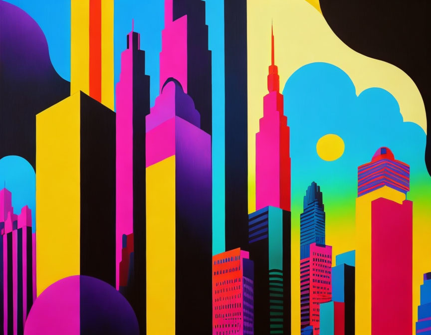 Abstract cityscape painting with bold colors and stylized skyscrapers against contrasting backdrop