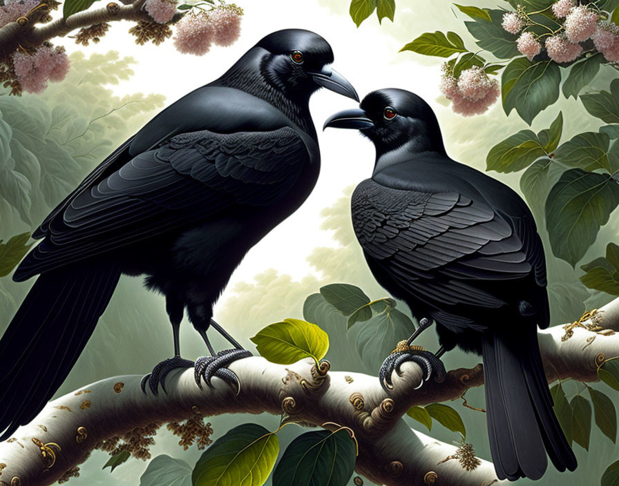 Two black ravens on branch with pale flowers and green foliage