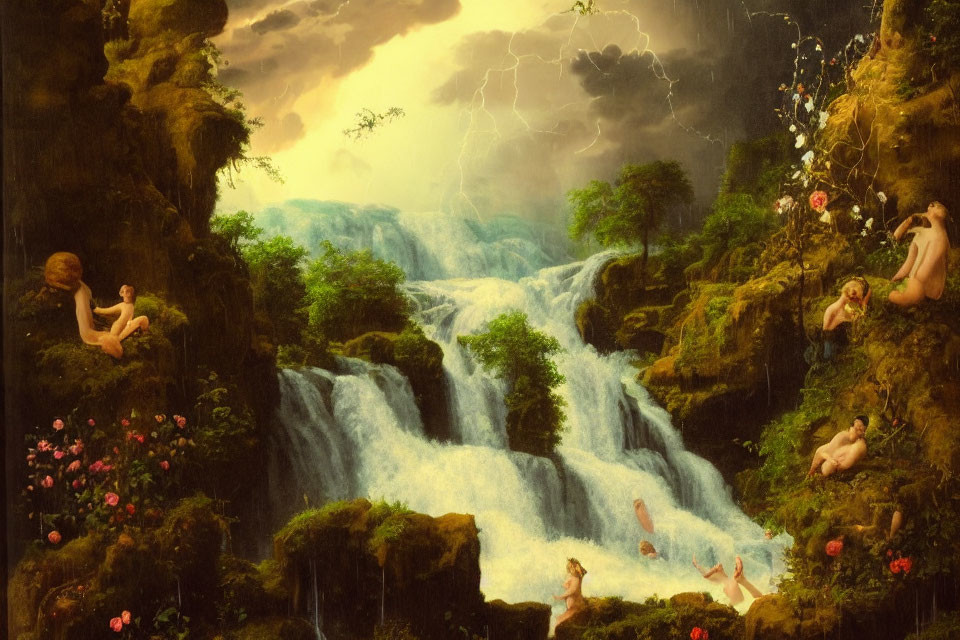 Lush waterfall landscape with ethereal figures lounging under stormy sky