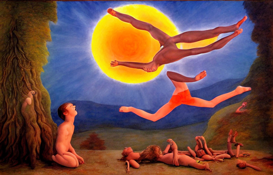 Surreal painting of naked figures floating towards giant sun