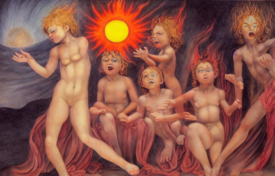 Seven humanoid figures in radiant sun and moonlight on fiery backdrop