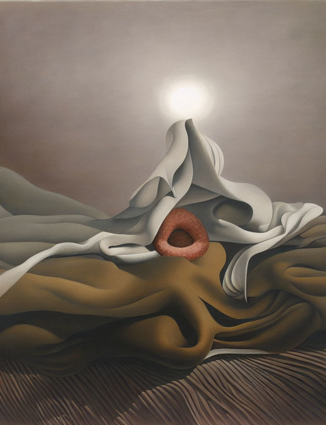 Abstract surreal landscape with draped fabric forms and central eye-like hole under white orb in brown sky