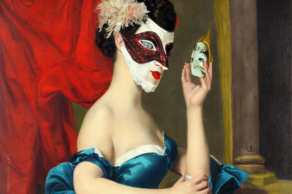 Woman in Blue Dress Holding Venetian Mask with Red Drape Background