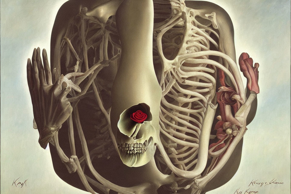 Artistic depiction of two human skeletons embracing with a red rose.