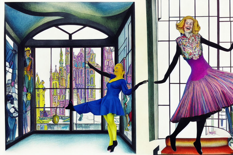 Vibrant illustration: Two women dancing in colorful room with cityscape view