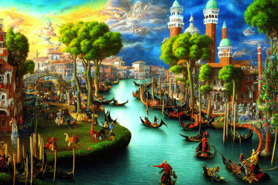 Colorful Venice Scene with Gondolas and Floating Islands