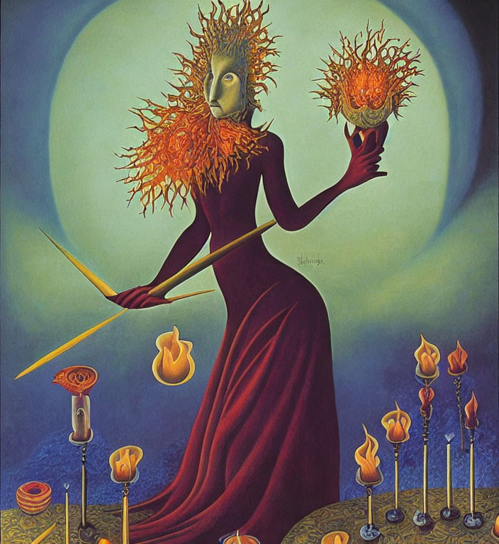 Surreal painting of figure with flaming head and hands, red gown, staff, and fiery orb