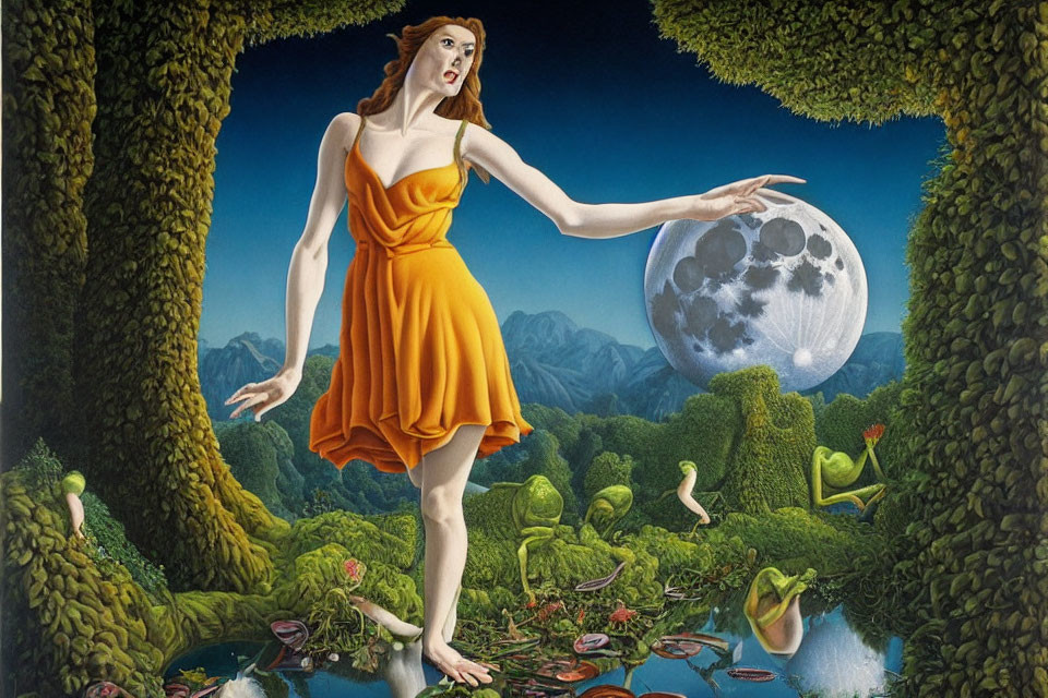 Woman in orange dress in surreal landscape with giant moon, frog, water lilies, foliage, and