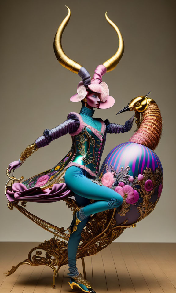 Colorful Costume and Ornate Mask Character Poses Dramatically on Golden Chair